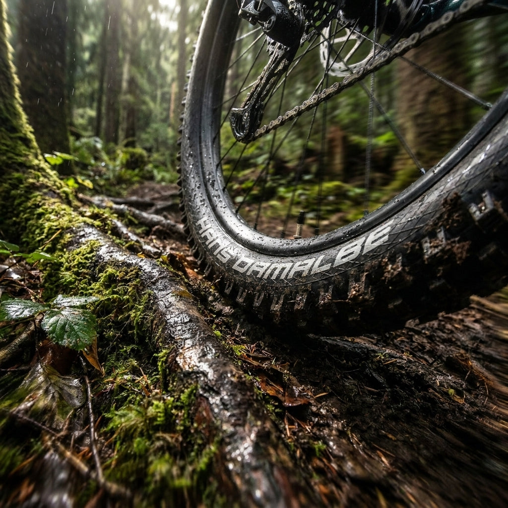 Schwalbe Faltreifen HANS DAMPF 27.5x2.35 ADDIX Performance auf feuchtem Wurzelweg im Wald.