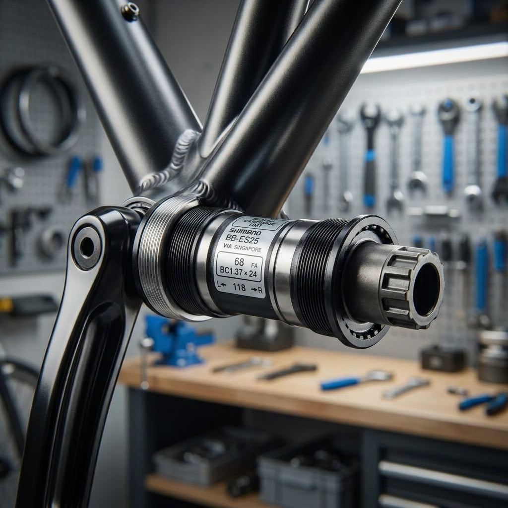 SHIMANO Innenlager ES300 68/118mm BSA montiert im Fahrradrahmen, für zuverlässigen und effizienten Antrieb.