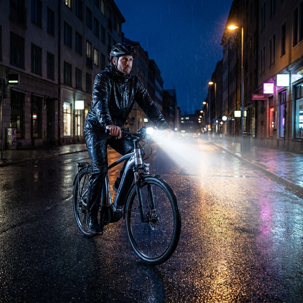 TRELOCK LS 800 Lighthammer E-Bike Frontlicht leuchtet hell bei Nacht und Regen für sicheres Fahren.