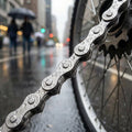 Sunrace Kette CNS22 Dacromet antirost Eingang, nass mit Regentropfen, Fahrradkette auf der Straße.
