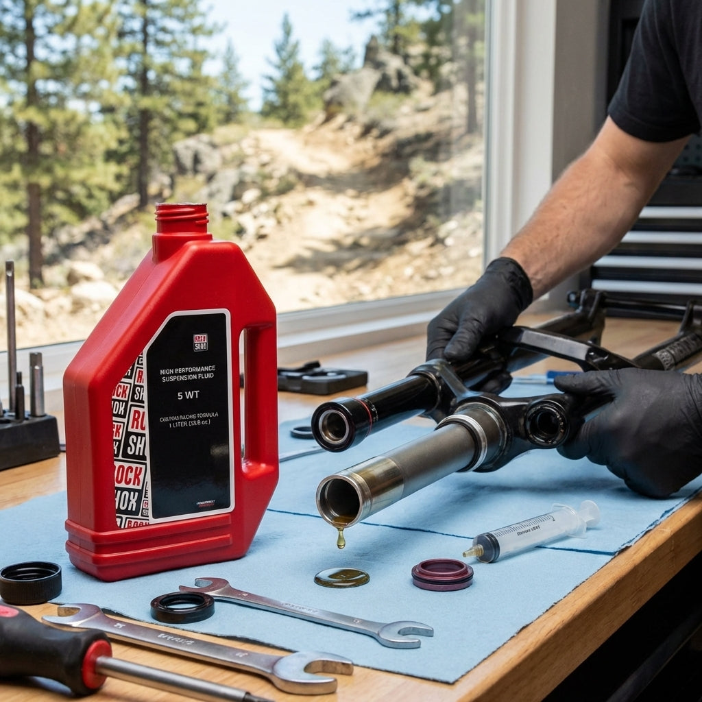 RockShox Suspension Oil 5 WT 1 Liter Flasche beim Service einer Fahrradfedergabel mit Öl und Werkzeugen.