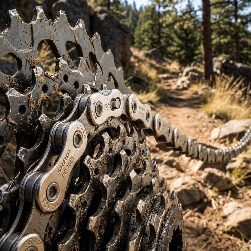 SRAM Power Chain 1051 10-fach Kette mit PowerLock auf schlammiger Kassette am Mountainbike-Trail.