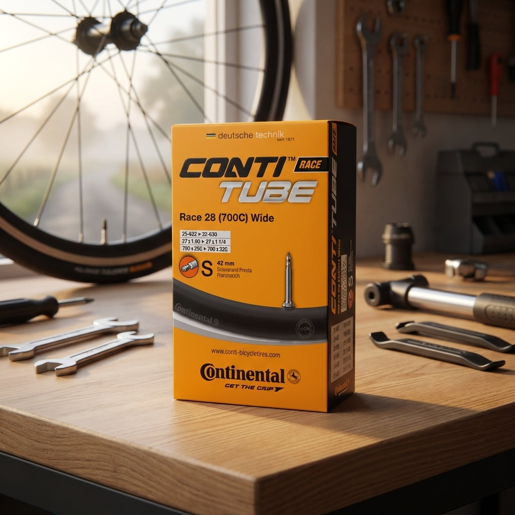 Continental Race 28 Wide Rennrad-Schlauch (25-622 bis 32-630) mit 42mm Sclaverand-Ventil auf Werkbank mit Werkzeug.