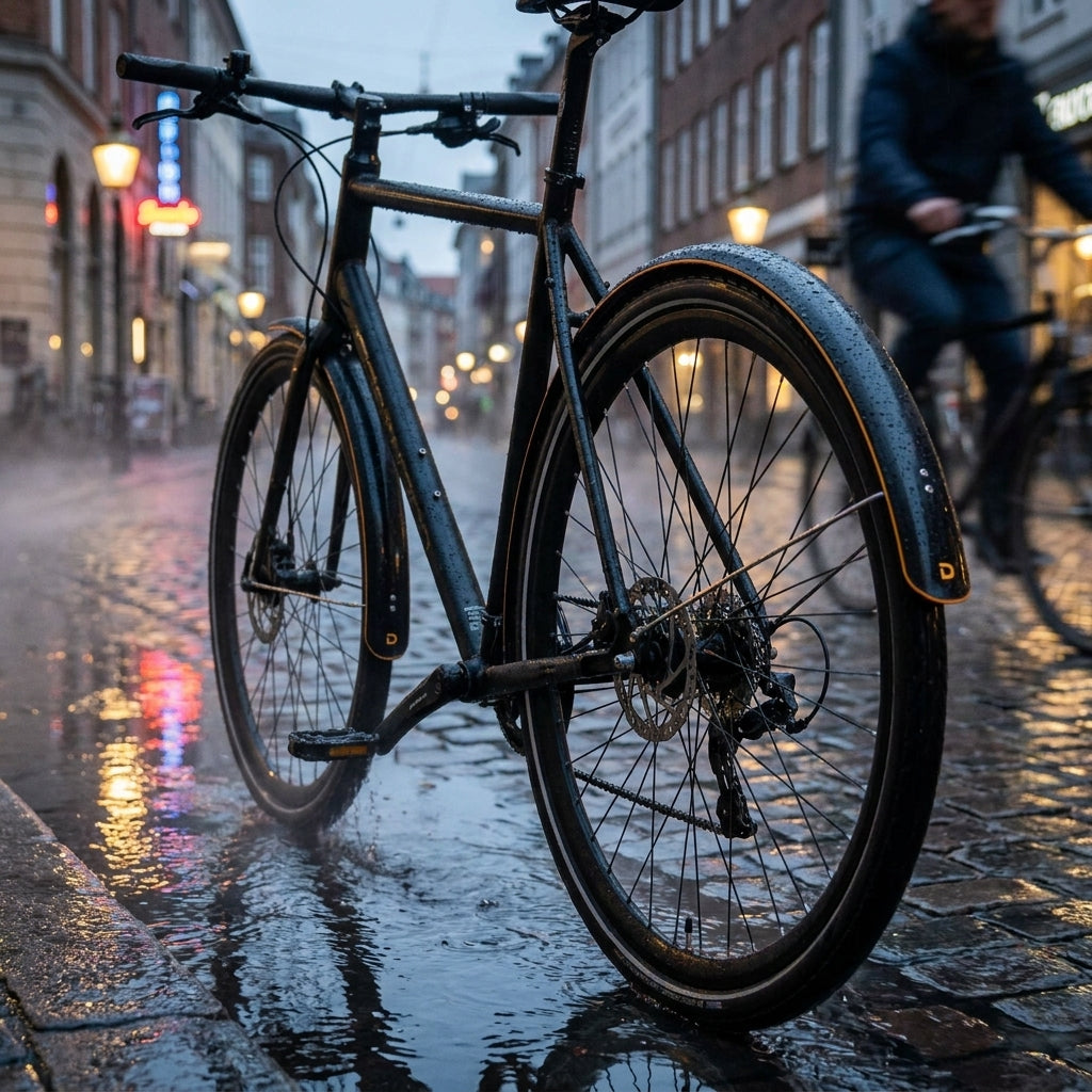 Centurion Curana Schutzbleche 27,5x55mm schwarz am Fahrrad im Regen, nass mit goldenem Rand.