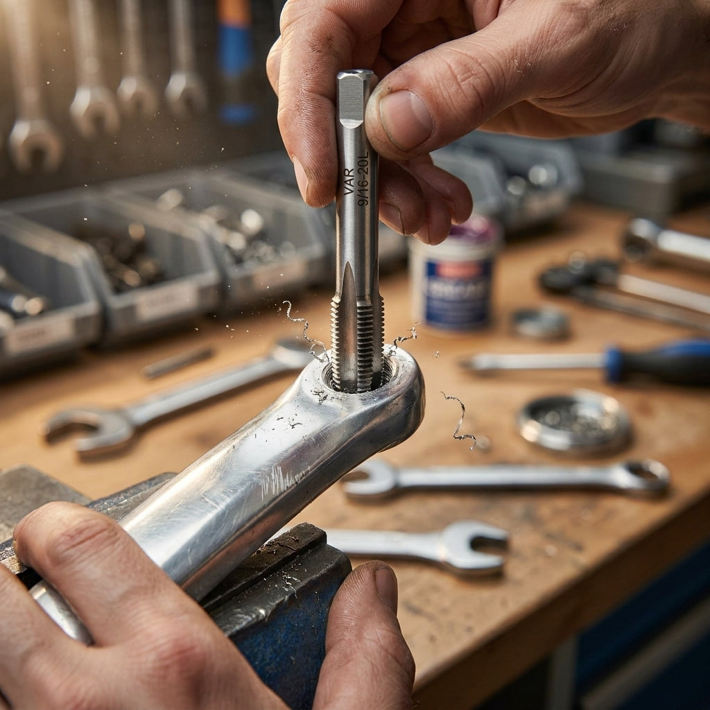VAR Kurbelgewindebohrer-Satz PE-04100 9/16x20 tpi zur Reparatur von Fahrradkurbelgewinden.