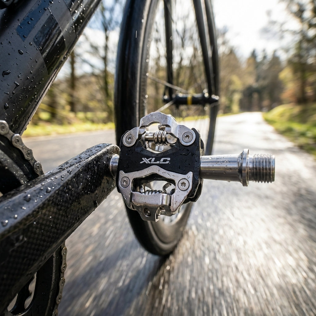 XLC Systempedal PD-S15 schwarz/silber, zweiseitig, nass am Fahrrad auf regennasser Straße, dynamisch.