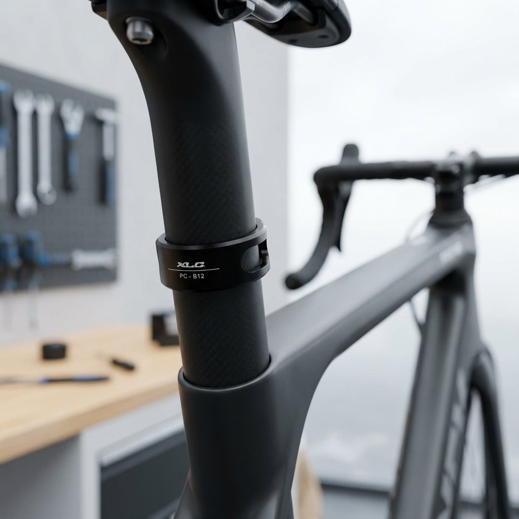 XLC PC-B12 Sattelstützklemmring schwarz auf Carbon-Rennrad-Sattelstütze im Detail.
