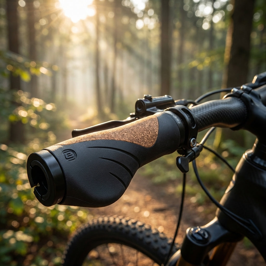 Ergotec MTB-ATB-Griffe Aero 2 aus schwarzem Kraton und braunem Kork am Fahrradlenker im sonnigen Wald.