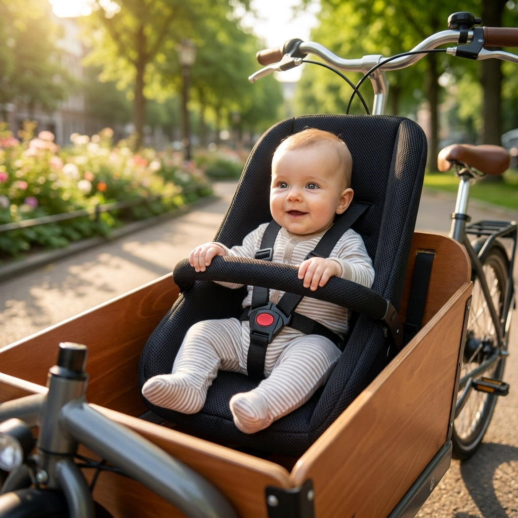 Melia Babysitz SC2&3 im Lastenrad mit lächelndem Baby auf sonnigem Weg.