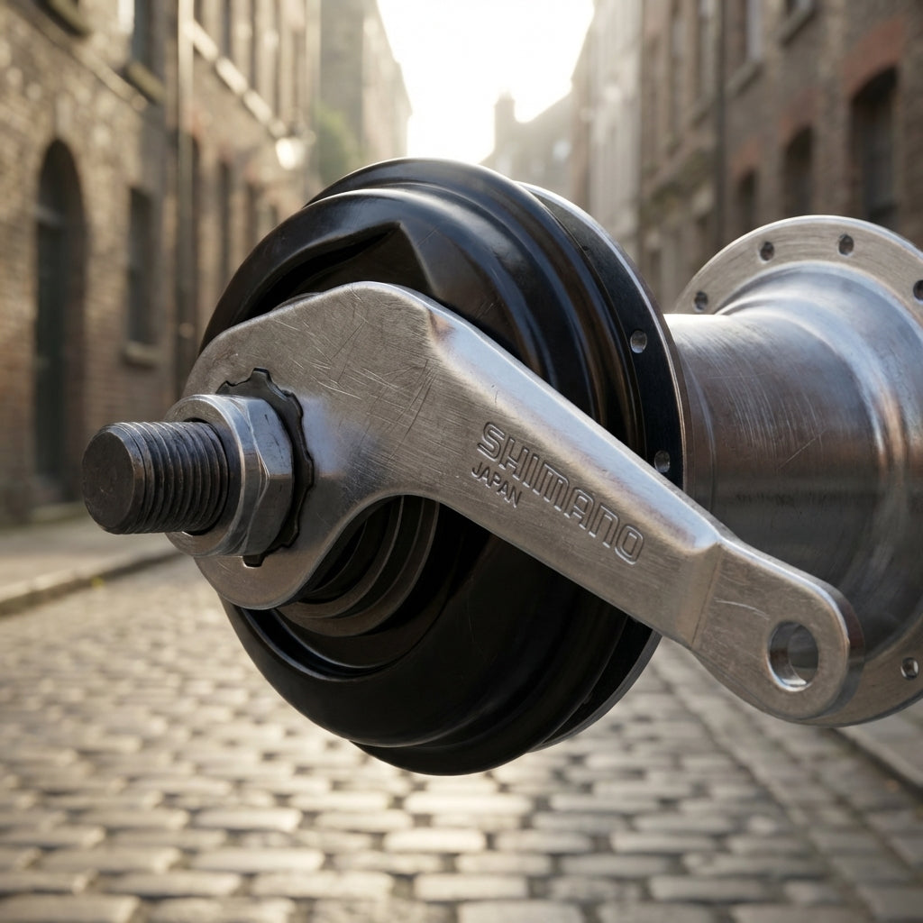 SHIMANO Bremsmantel SG-C6000-8CD mit Bremsarm. Nahaufnahme einer zuverlässigen Nabenschaltungs-Bremse.