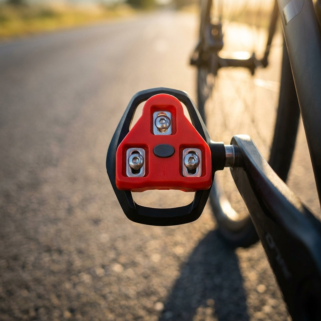 Rotes XLC PD-X04 Cleatset 9° an XLC Look-Pedal am Fahrrad auf sonniger Straße.