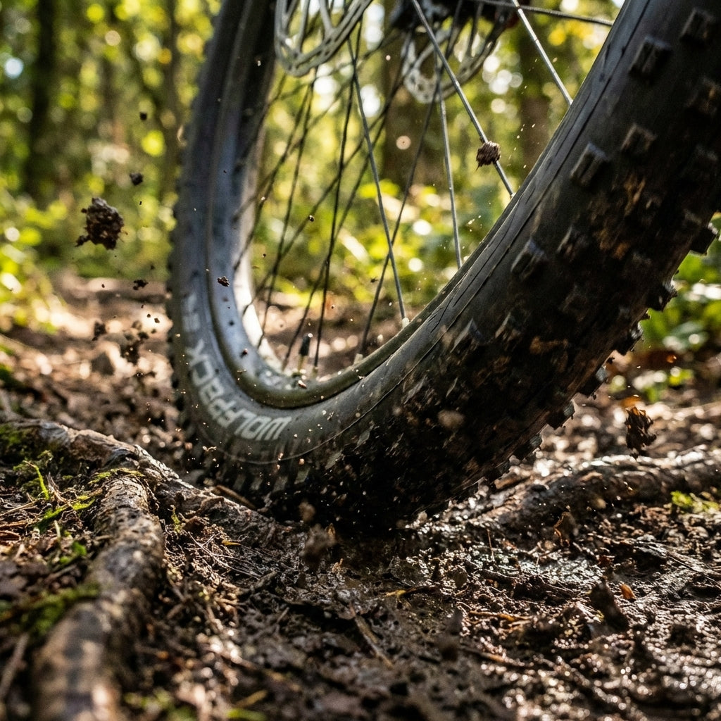 Wolfpack Reifen Speed 27.5x2.40 schwarz auf schlammigem Mountainbike-Trail, spritzt Dreck. TLR Faltreifen.