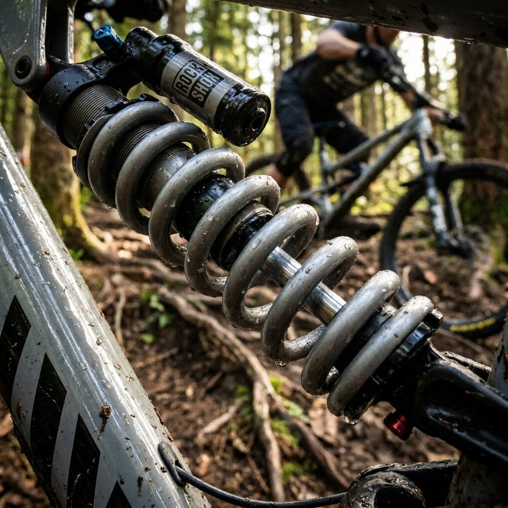 Rockshox graue Feder am Hinterrad-Dämpfer eines Mountainbikes im Wald, nass mit Wassertropfen.