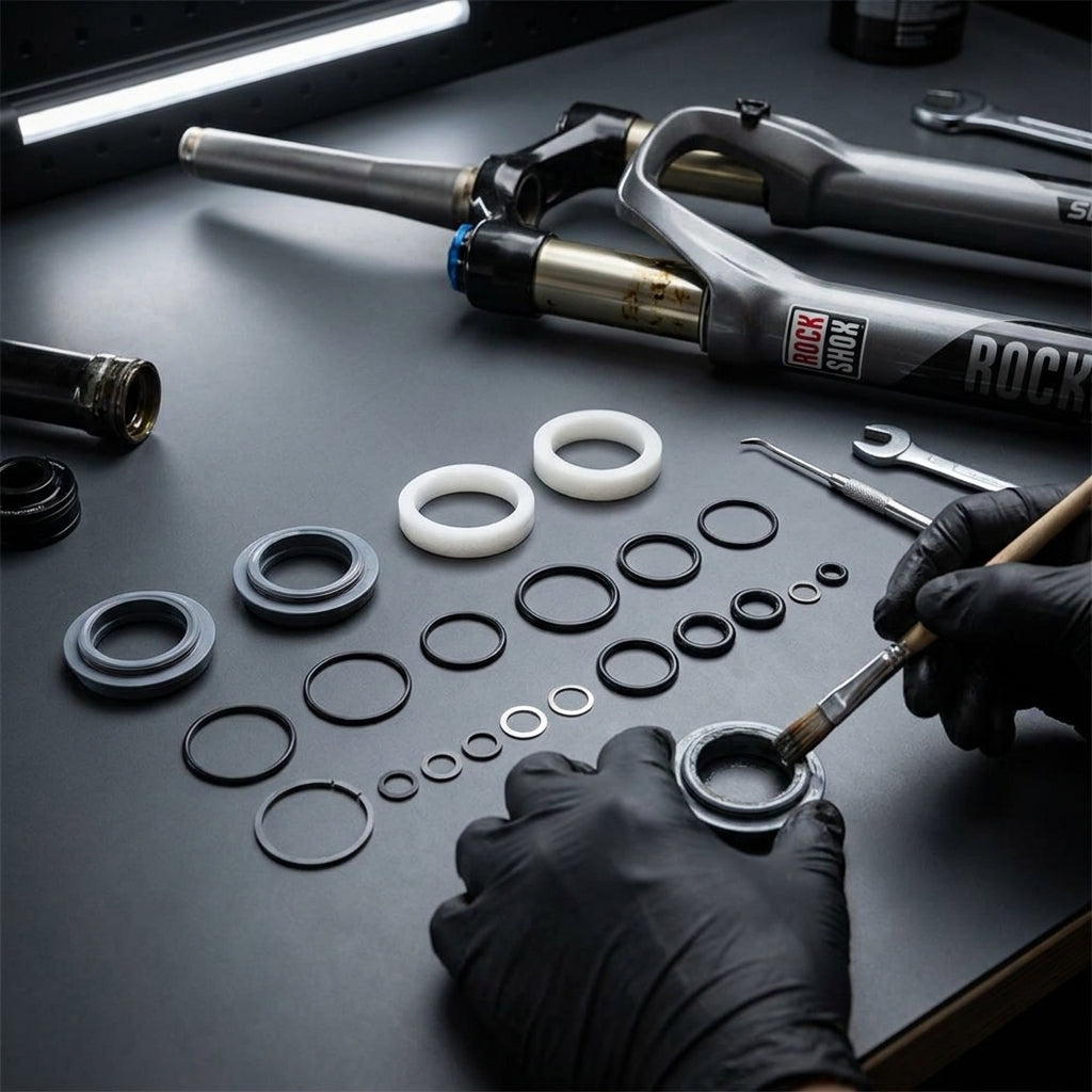 RockShox Federgabel Service-Kit Sektor RL A2 (2017+) mit Dichtungen und O-Ringen bei der Wartung auf dunklem Tisch.