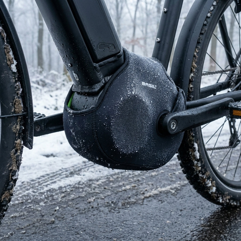 Basil Schutz E-Bike Mittelmotor universell, schwarz, im Schnee mit Wassertropfen.