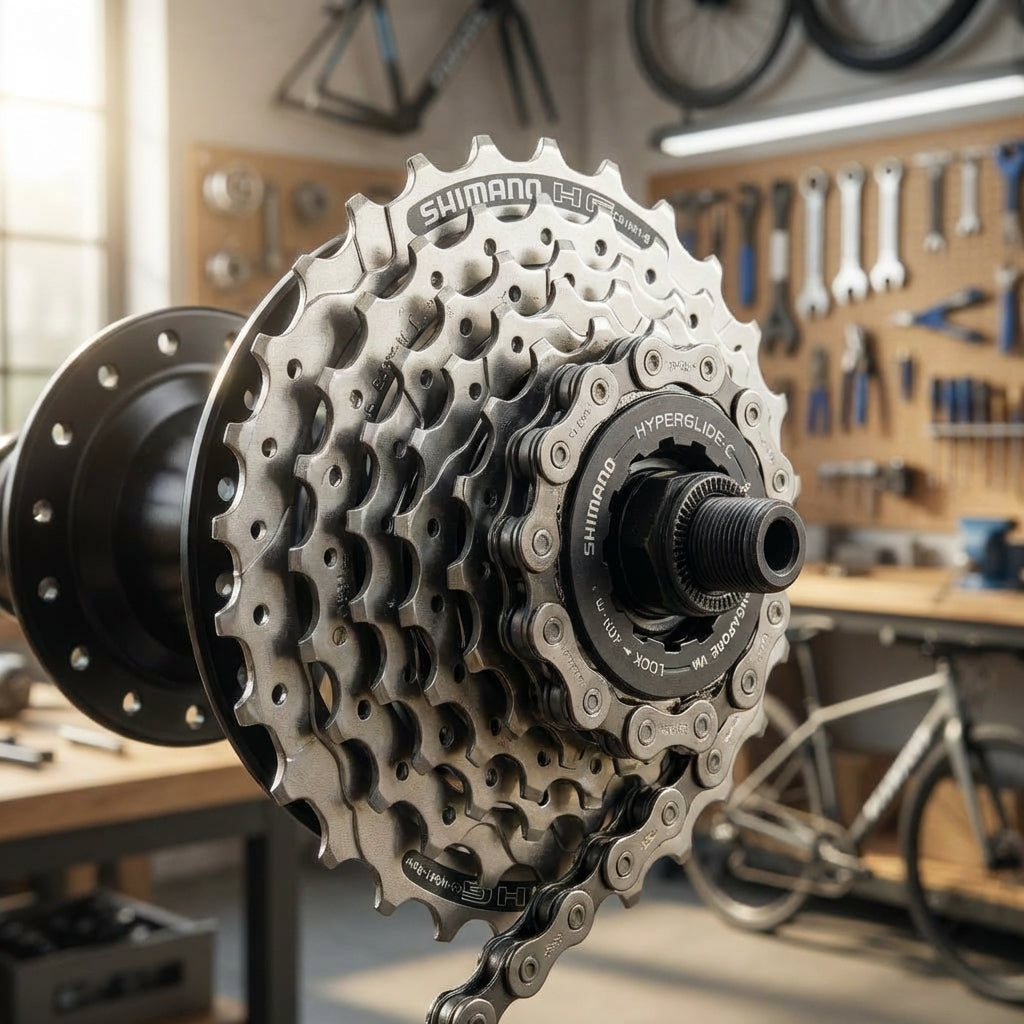 SHIMANO ACERA CS-HG41 8-fach Kassette mit 11-32 Zähnen an Fahrradnabe in einer Werkstatt.