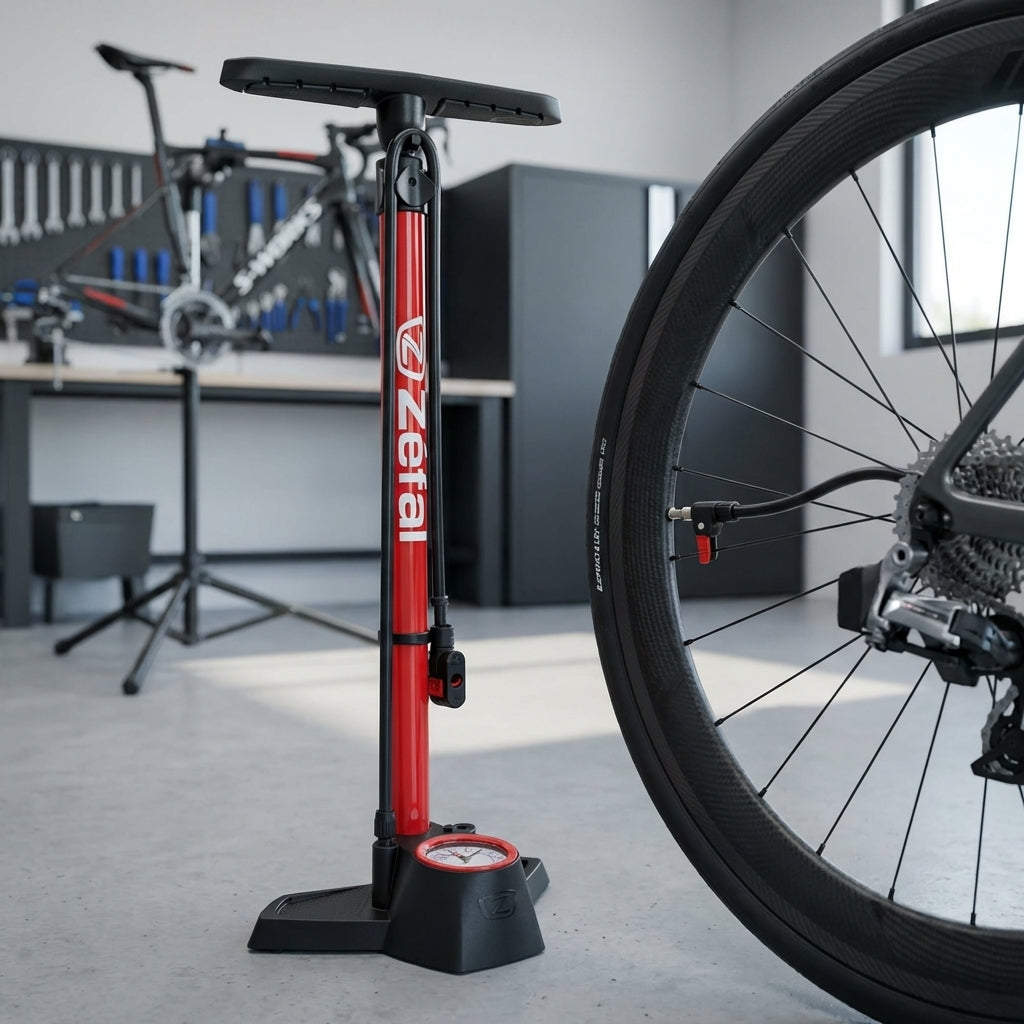 Zefal Standpumpe Profil Max FP30 rot, pumpt Fahrradreifen in einer Fahrradwerkstatt.