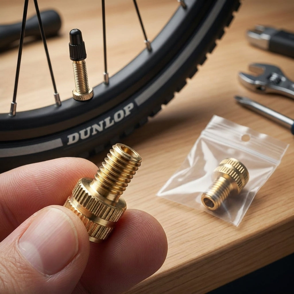 Zwei goldene Schraubnippel F-A 813 Schrader Ventiladapter für Fahrräder, einer in Hand, einer im Polybeutel.