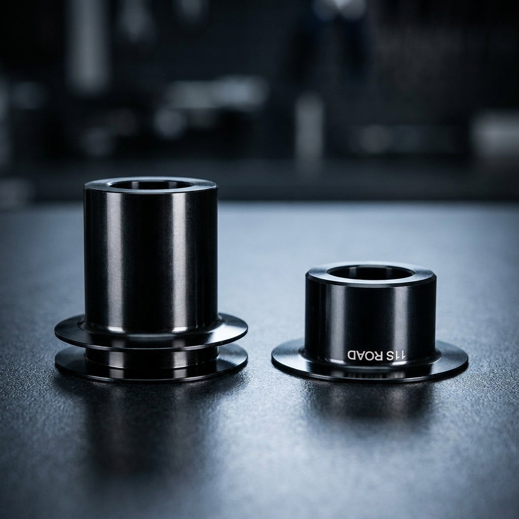 Zwei schwarze DT Swiss Umrüstteile für 12mm Steckachse am Fahrrad-Hinterrad.