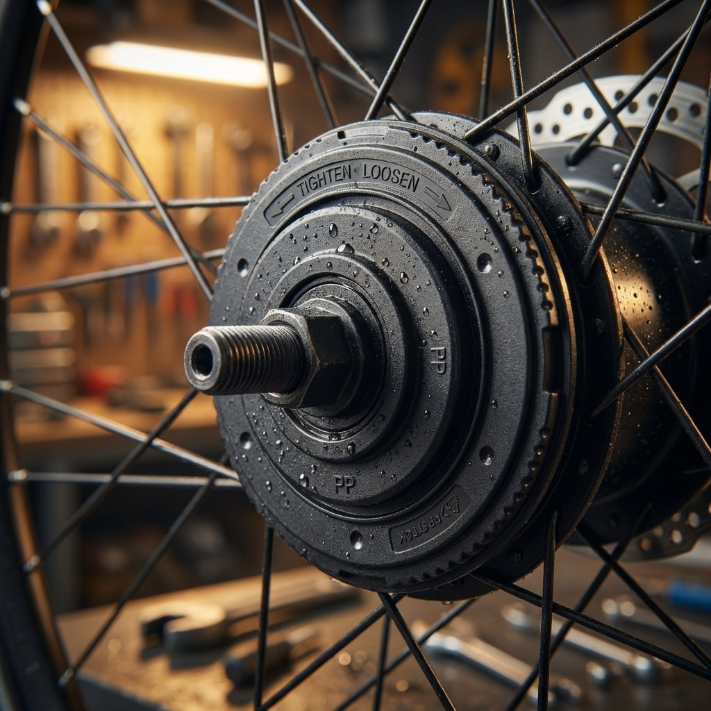 Shimano Staubkappe RE.Alfine SGS700 Ersatzteil für Alfine Schaltwerk auf schwarzer Fahrradnabe mit Markierungen.