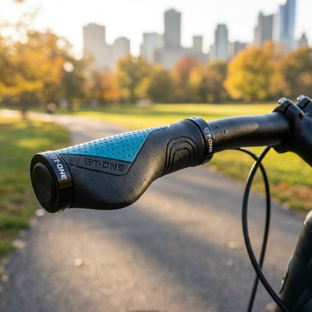 T-One Ripple Ergo Fahrradgriffe Schwarz-Blau, ergonomische Griffe gegen taube Hände, 130 90mm mit Schraubensicherung.