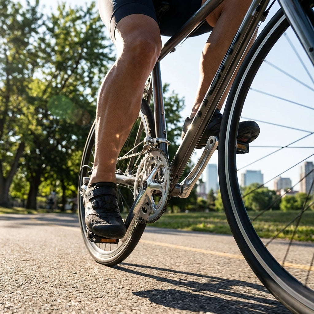 Fahrradfahrer tritt in Pedale, SHIMANO Innenlager UN300 für zuverlässigen und langlebigen Antrieb.