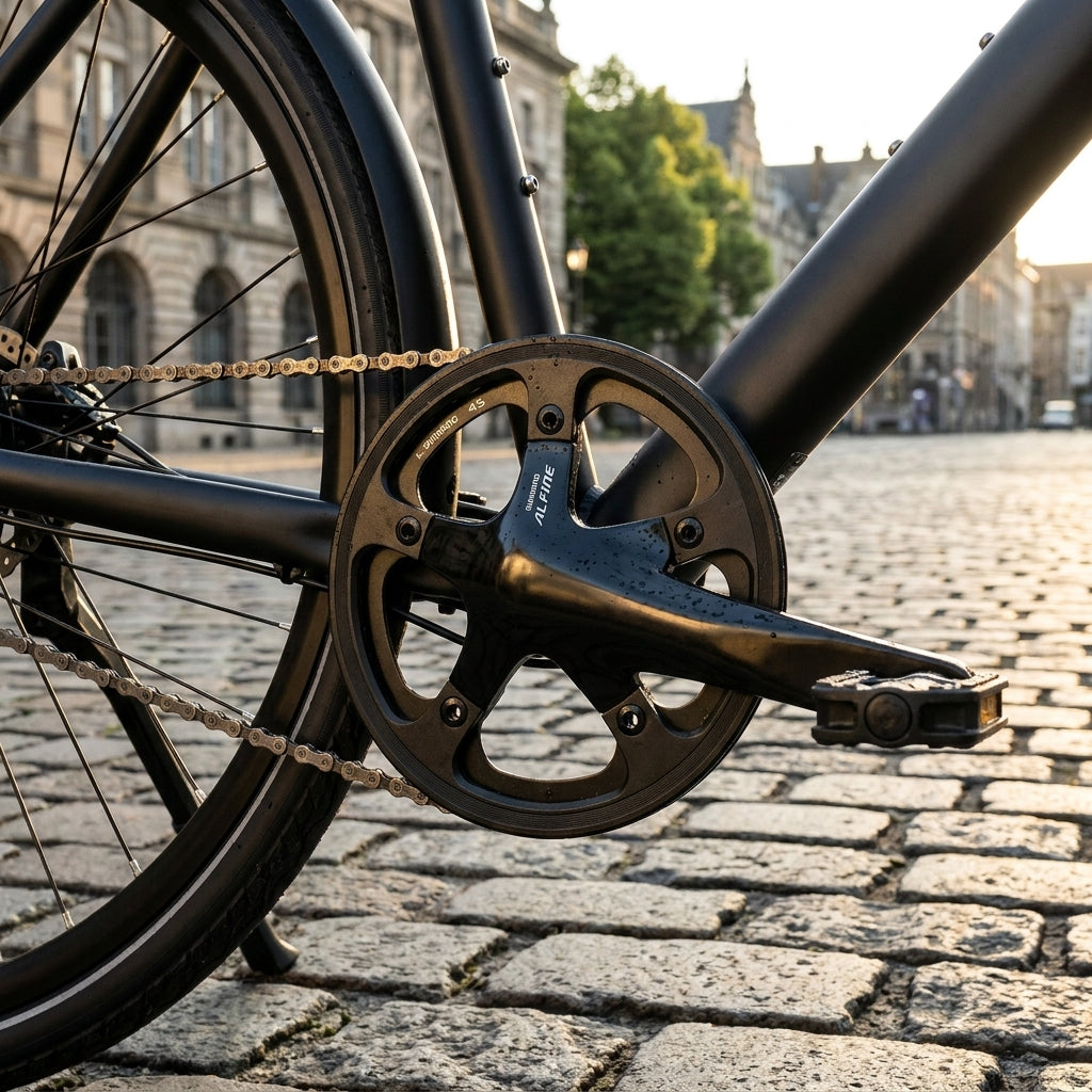 Schwarze SHIMANO ALFINE FC-S501 Fahrrad Kurbelgarnitur mit 45 Zähnen auf Kopfsteinpflaster.