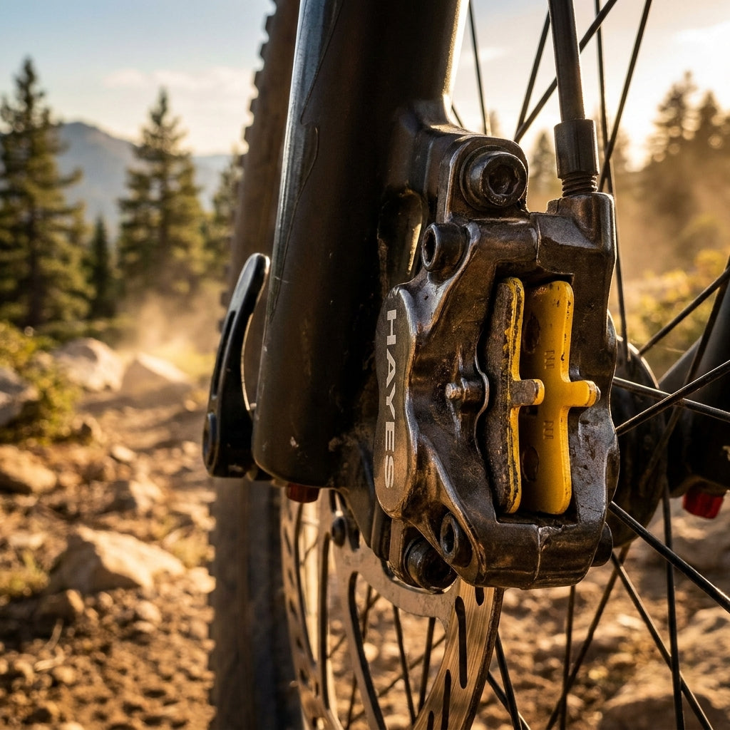 Gelbe NG Sports Semi-Metall Disc-Bremsbeläge für Hayes Bremse am Mountainbike im Gelände.