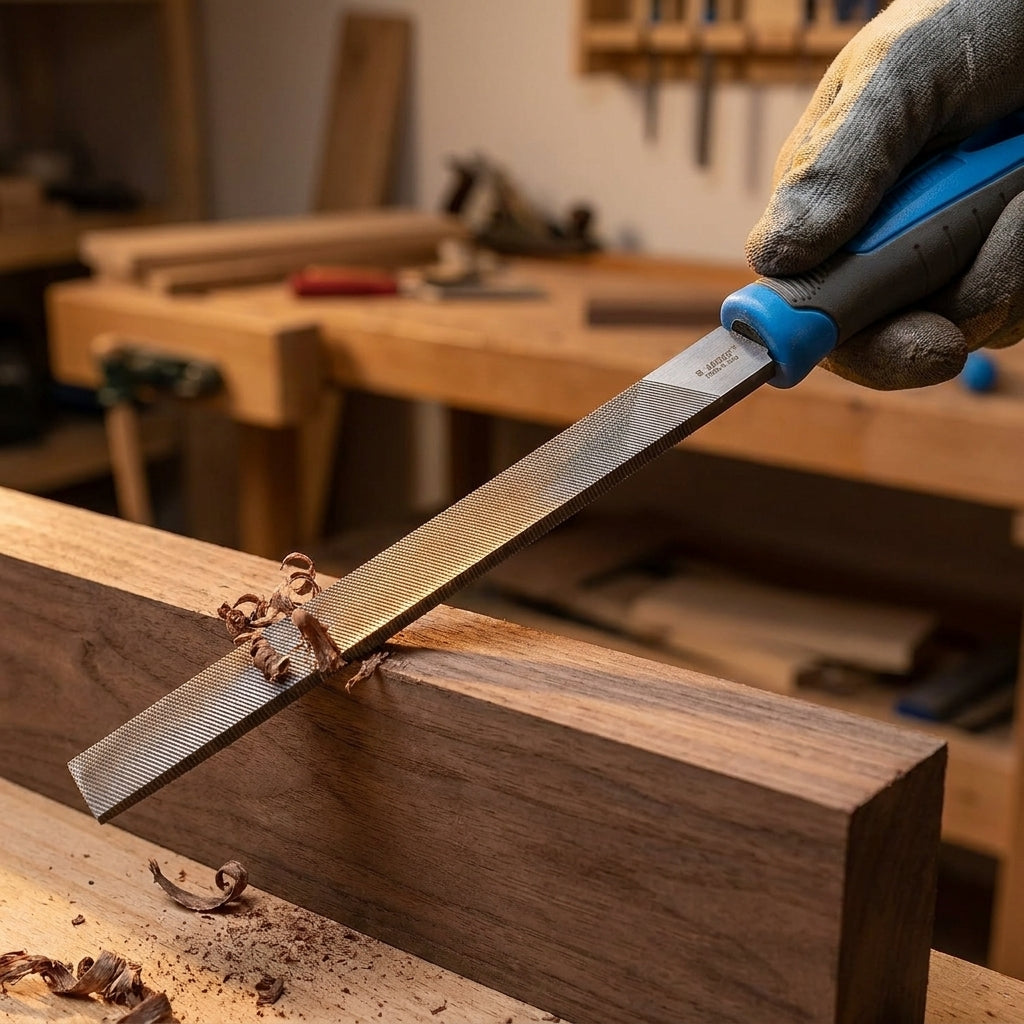 Unior Flachfeile 760H1/2S mit blauem Griff feilt Holz, die halbfeine Zahnung erzeugt Späne auf der Werkbank.