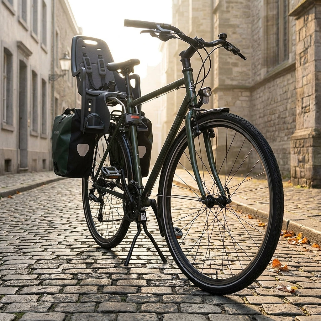 Pletscher Zweibeinständer ESGE 28 Zoll schwarz am grünen Fahrrad auf Kopfsteinpflaster in der Stadt.