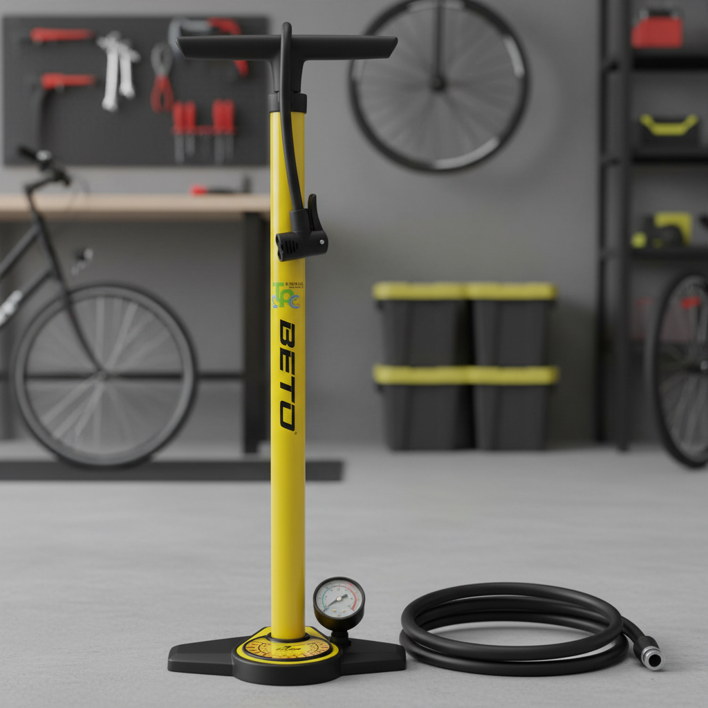 Beto Standpumpe STEEL gelb, 11 bar, AV/DV/SV. Fahrradpumpe aus Stahl/Kunststoff mit Manometer.