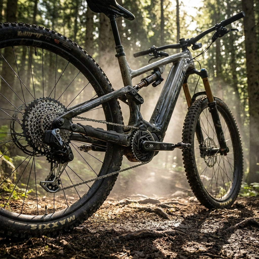 E-MTB mit SRAM Kit XX AXS Eagle Transmission Highend 12-fach Antrieb, Detailaufnahme im sonnigen Wald.