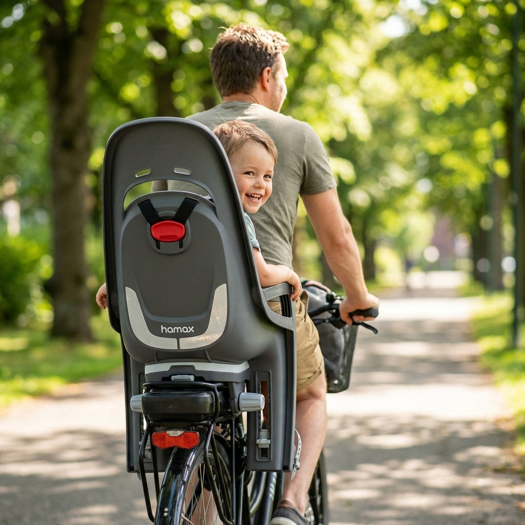 Hamax Zenith Relax Kindersitz grau/schwarz am Gepäckträger. Vater fährt mit glücklichem Kind auf Fahrradtour.
