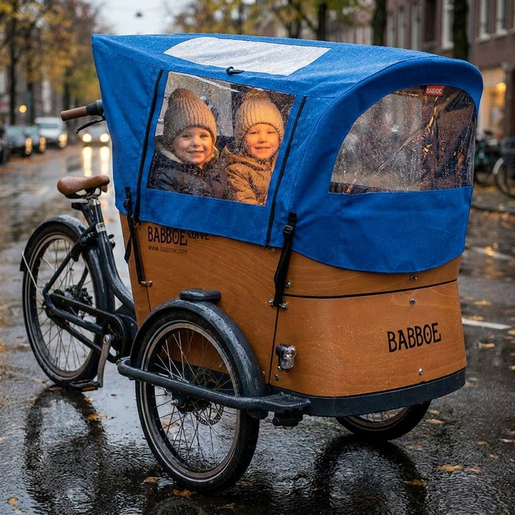 Babboe Curve Lastenrad mit blauem Regenverdeck Docril schützt lachende Kinder vor Regen auf nasser Straße.