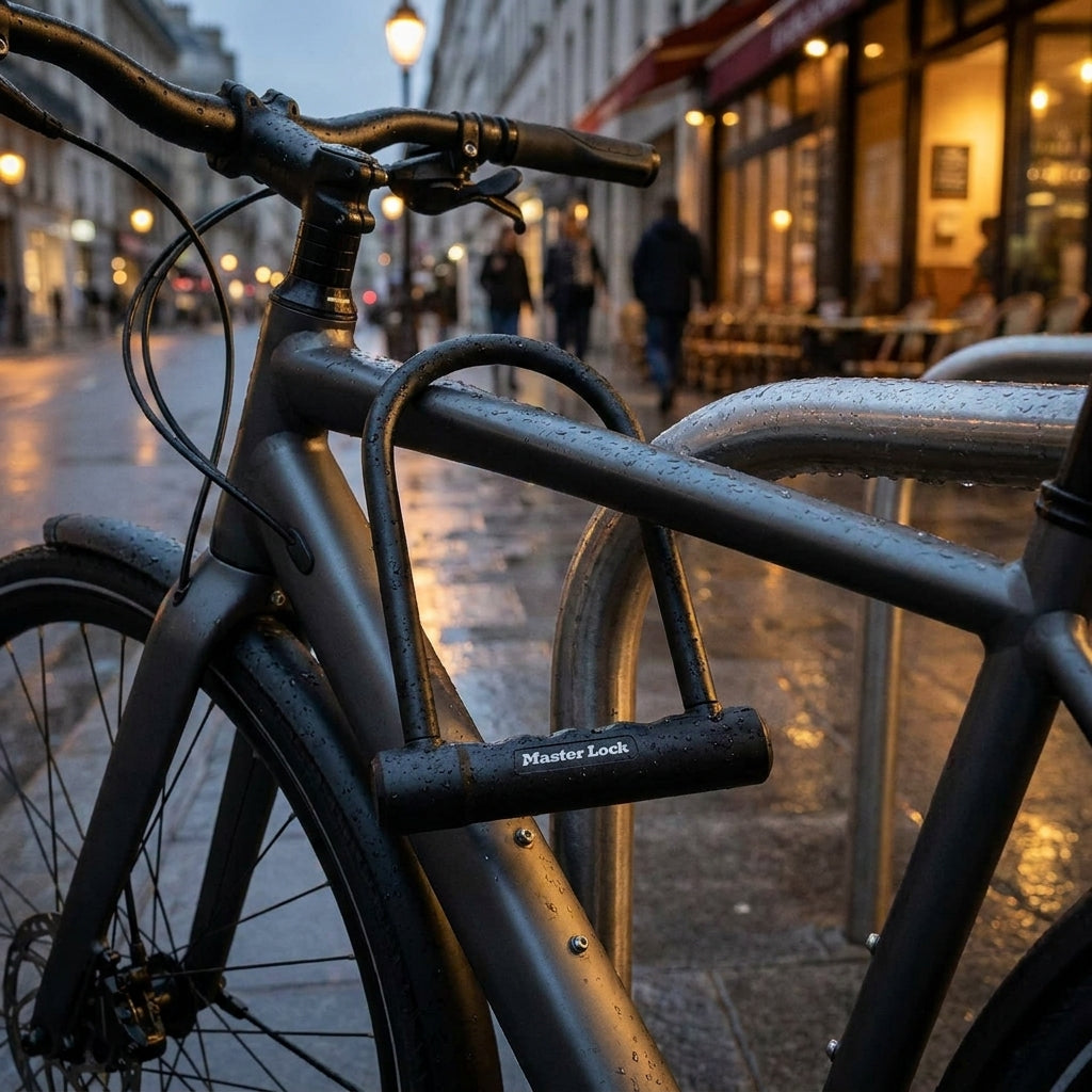 Schwarzes Master Lock Bügelschloss 8170 sichert Fahrrad an Bügel, mit Regentropfen auf nasser Straße bei Dämmerung.