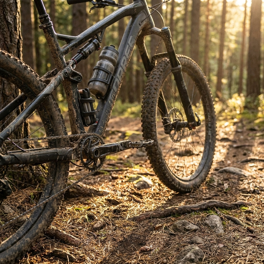 Schwarzer Crankbrothers S.O.S. BC2 Flaschenhalter mit Reifenheber und Tubeless Kit am schlammigen Mountainbike im Wald.