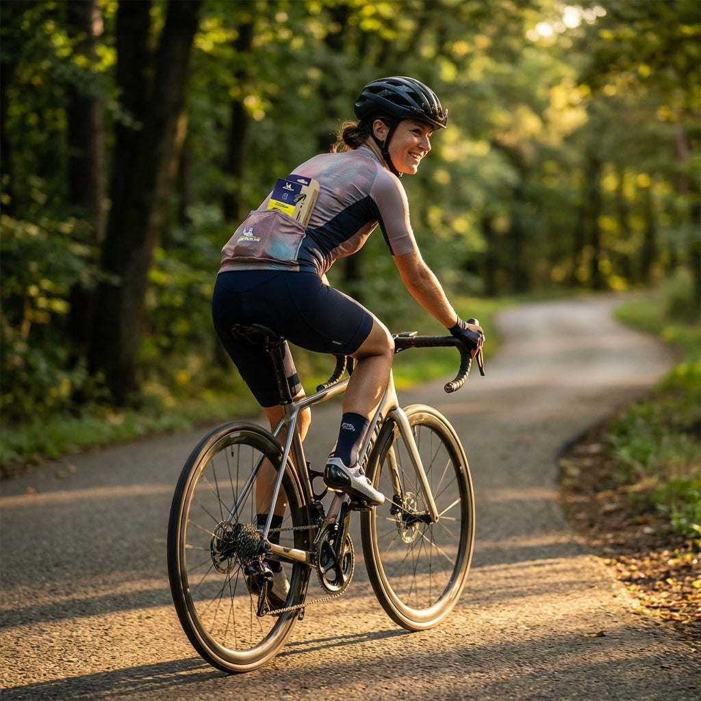 Michelin Schlauch A3 Protek Max: Radfahrerin mit Schlauch im Trikot auf Rennrad im Wald.