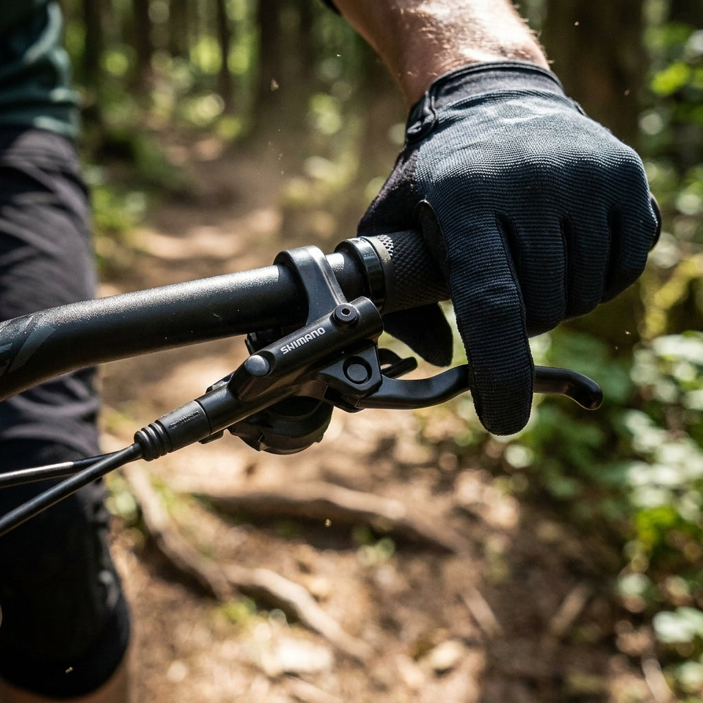 SHIMANO BL-MT200 3-Finger Bremshebel links am MTB Lenker, von Hand mit Handschuh für zuverlässige Kontrolle bedient.