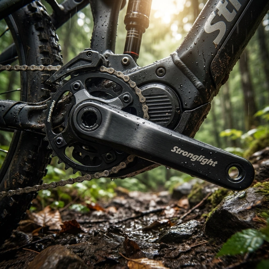 Stronglight Kurbel-Set Megan 4 am E-Bike auf nassem, schlammigem Waldweg mit Bosch Motor, Regentropfen.