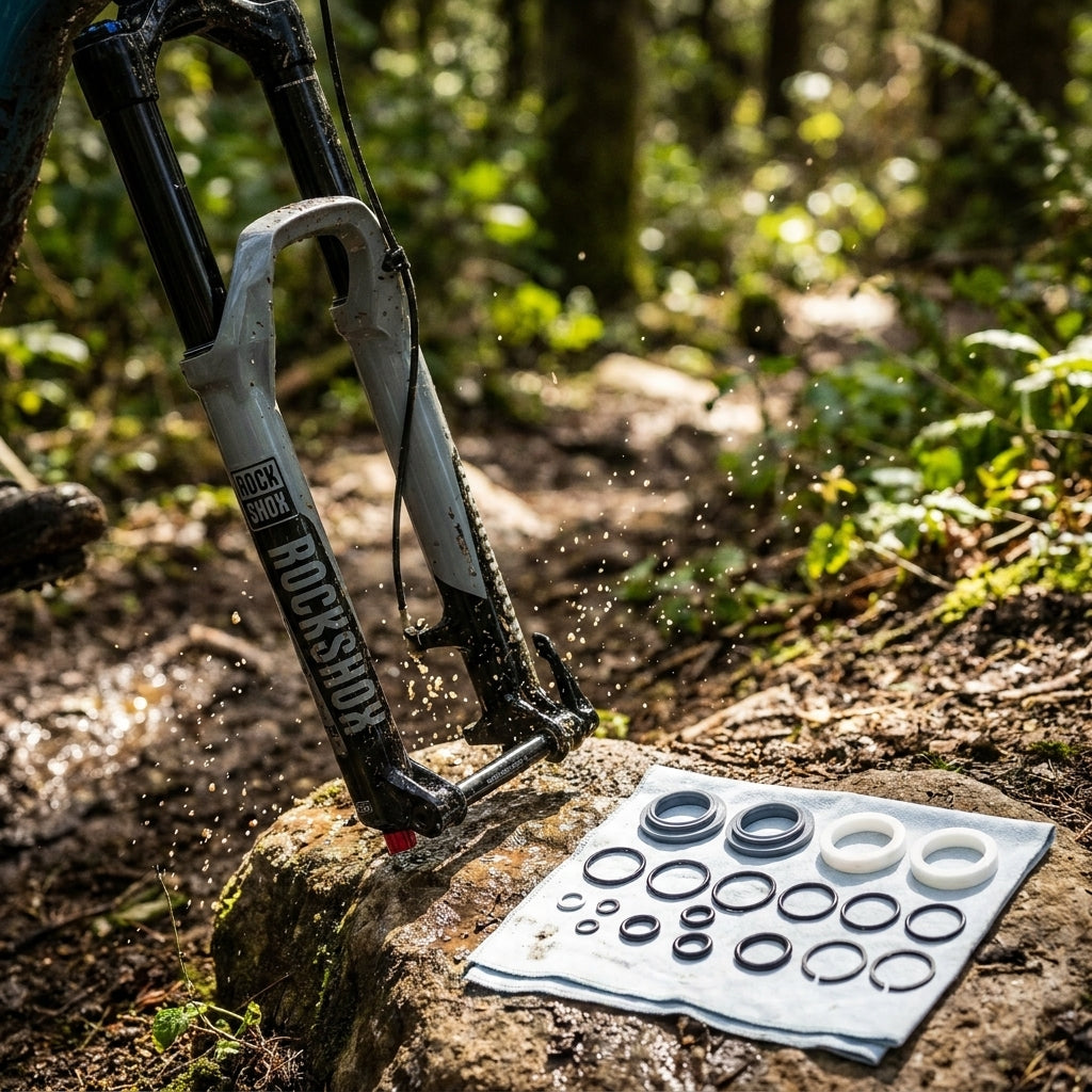 RockShox Revelation Federgabel Service-Kit mit Dichtungen und O-Ringen bei Wartung im Wald.