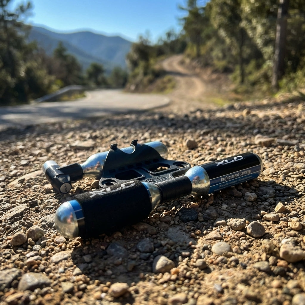 XLC CO2-Patronenpumpe PU-M03 mit 16g Ersatzpatrone auf einem Schotterweg vor Bergkulisse.