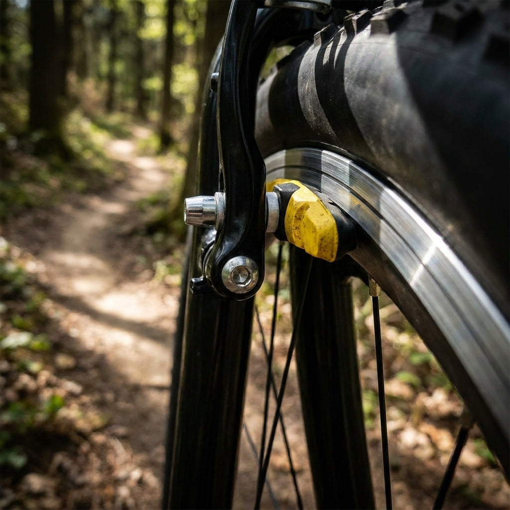 Point V-Brake Bremsschuhe gelb am Fahrrad-Vorderrad auf Waldweg.