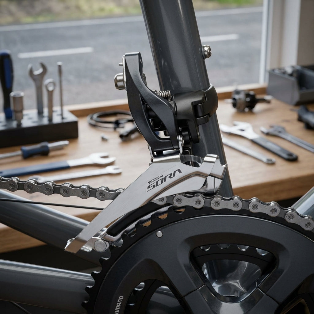 SHIMANO SORA FD-R3000 9-fach Umwerfer mit hoher Schelle am Fahrrad, Kette und Kurbel auf Werkbank-Hintergrund.