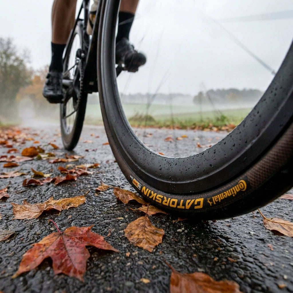 Continental Gatorskin Fahrradreifen schwarz, nass auf Herbstweg mit Blättern, am Fahrrad montiert.