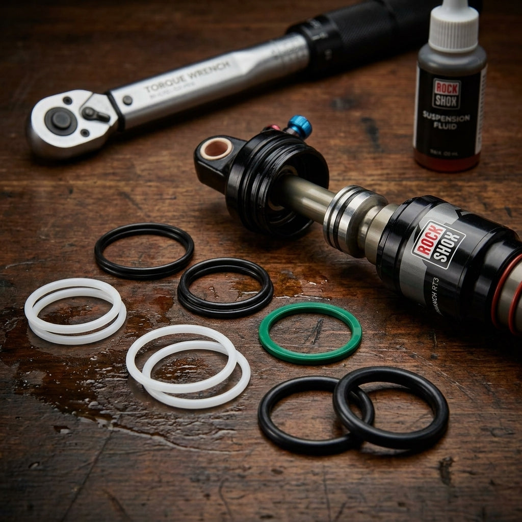 RockShox Monarch RT3 Dämpfer Serv Kit mit Dichtungen, Federöl und Drehmomentschlüssel auf Holzuntergrund.