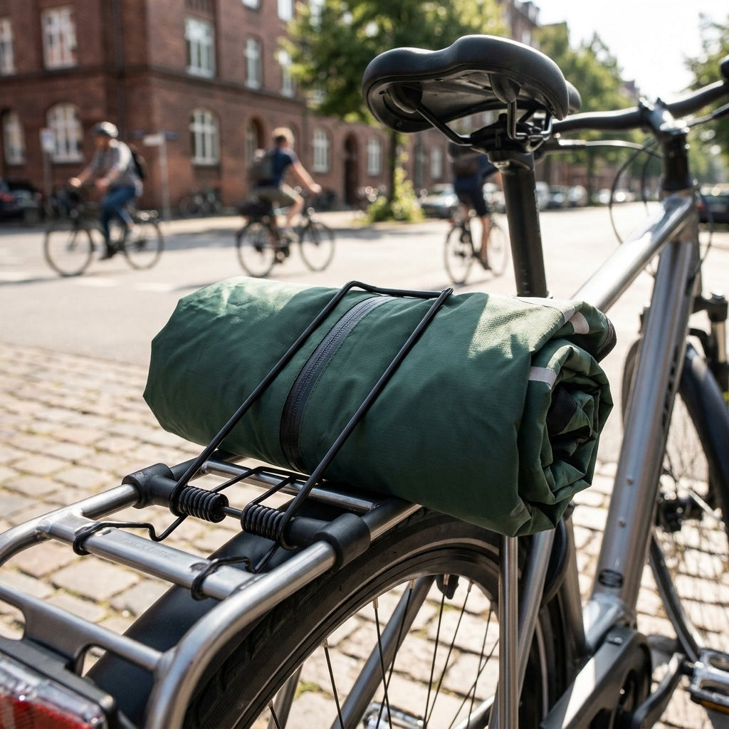 Racktime Federklappe Clampit schwarz hält grüne Rolle auf Fahrrad-Gepäckträger, im Hintergrund Radfahrer.