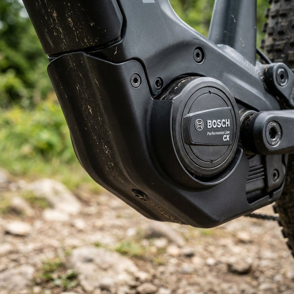 Nahaufnahme eines Bosch Performance Line CX E-Bike Motors mit Motorabdeckung, schmutzig vom Trail, optimaler Motorschutz.