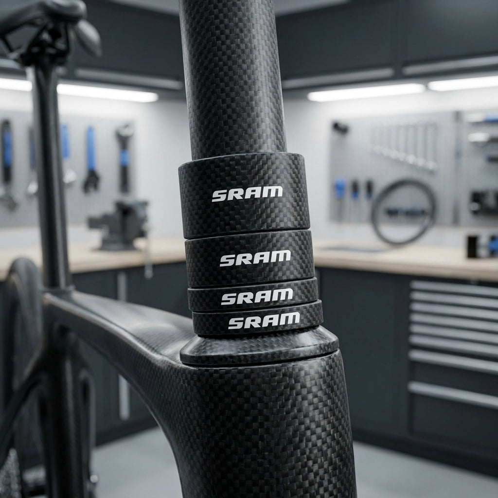 SRAM Carbon Spacer-Set schwarz-weiß zur präzisen Lenkerhöhenverstellung am Fahrrad. Leichtes Carbon für cleane Optik & Ergonomie.