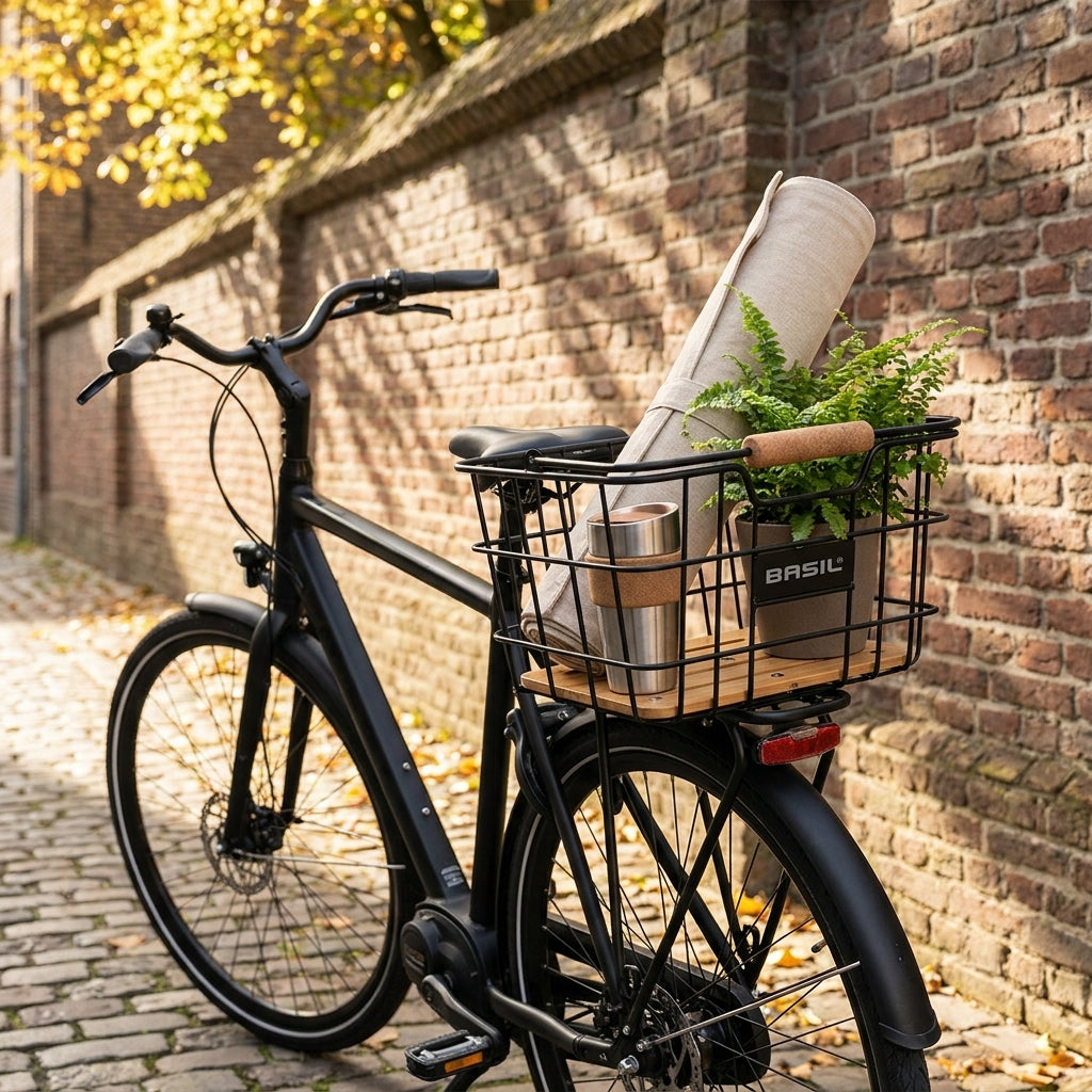 Basil Nordland MIK Fahrradkorb 23L Schwarz/Natur aus Stahl/Bambus am schwarzen Rad mit Pflanze, Matte, Thermos.