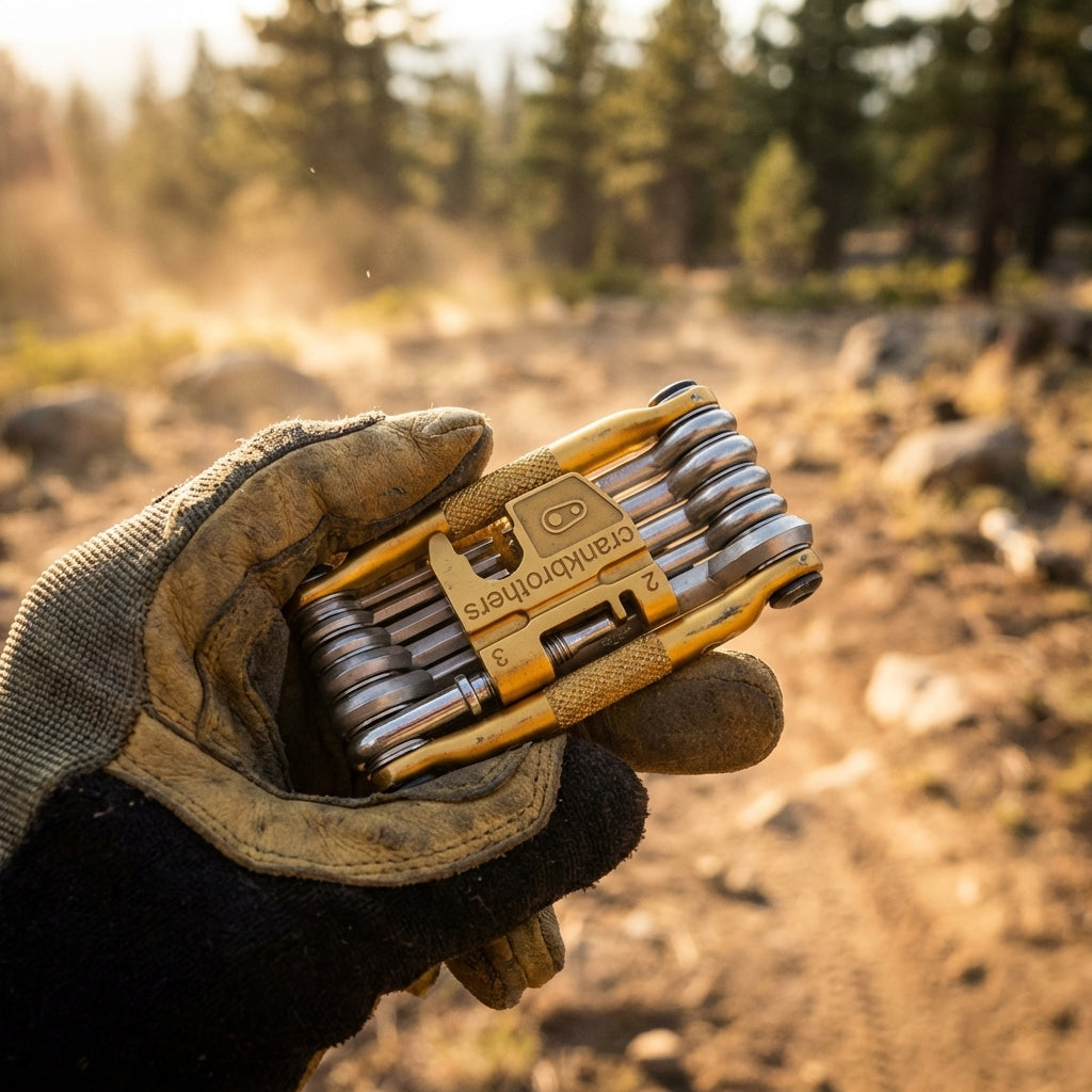 Crankbrothers Multi-17 Multitool gold. Robustes Fahrrad-Werkzeug in Hand auf sonnigem Mountainbike-Trail.
